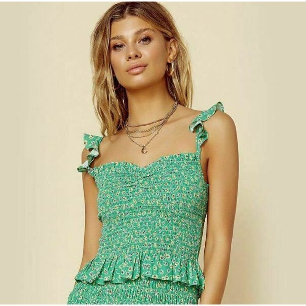 New Blue Life Romina Smocked Top S Green Floral